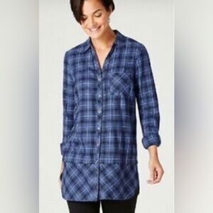 J. Jill Tunic Top Large Petite Blue Curved Hem Shirt Button Up Blouse Collared.